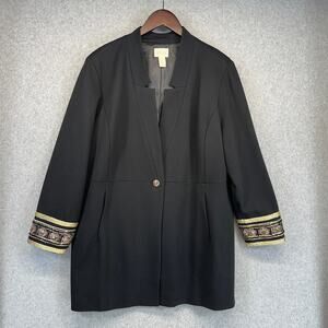 Chico's Cuff Detail Jacket Womens Size 3 Black Gold Embroidered Single-Button